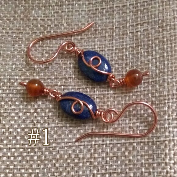 Fall Copper Earrings with Lapis Lazuli & Russet Agate ~ Handmade Boho City Chic - Picture 1 of 9